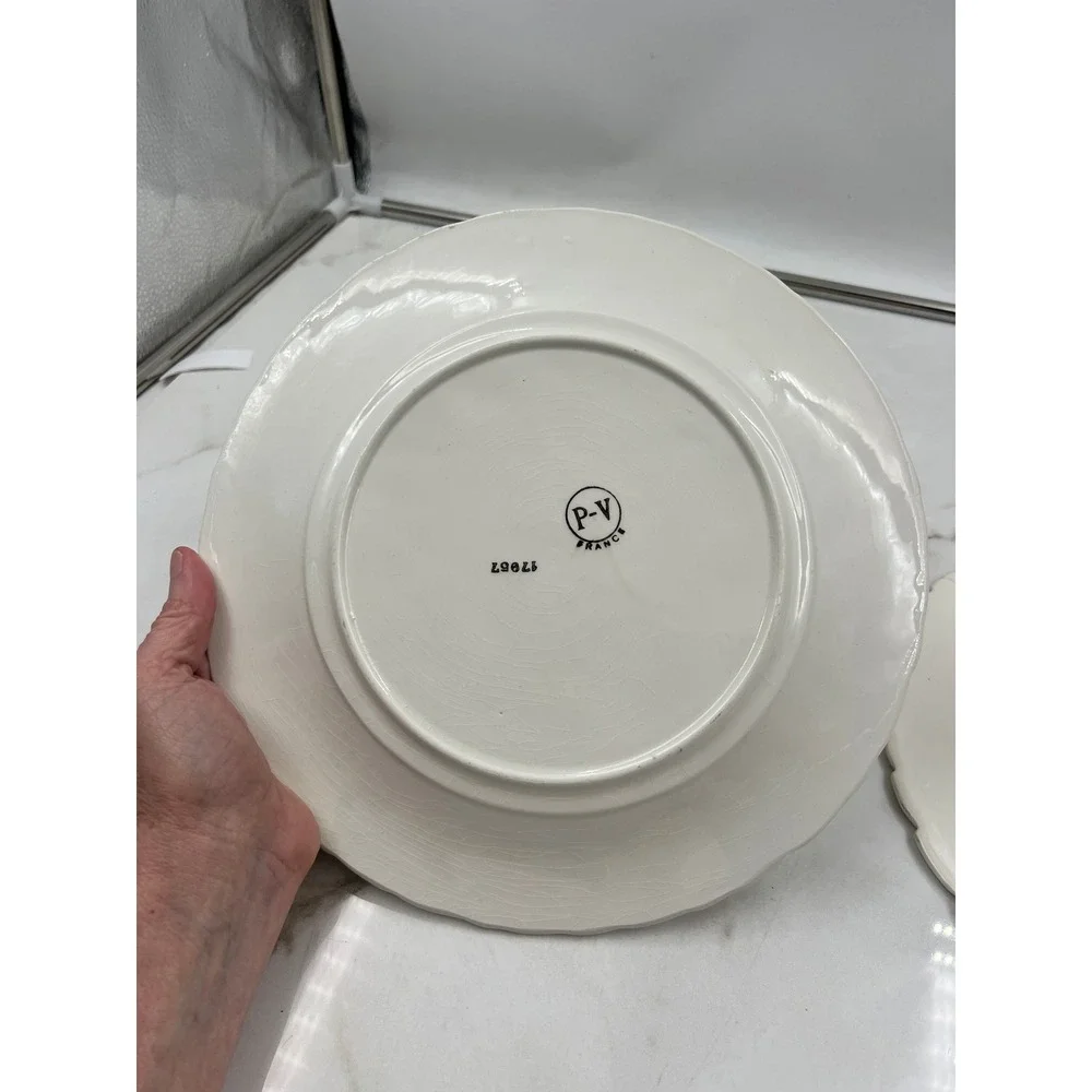 Vintage P-V France White Strawberry Floral Embossed Plates Set of 2 Scalloped 8